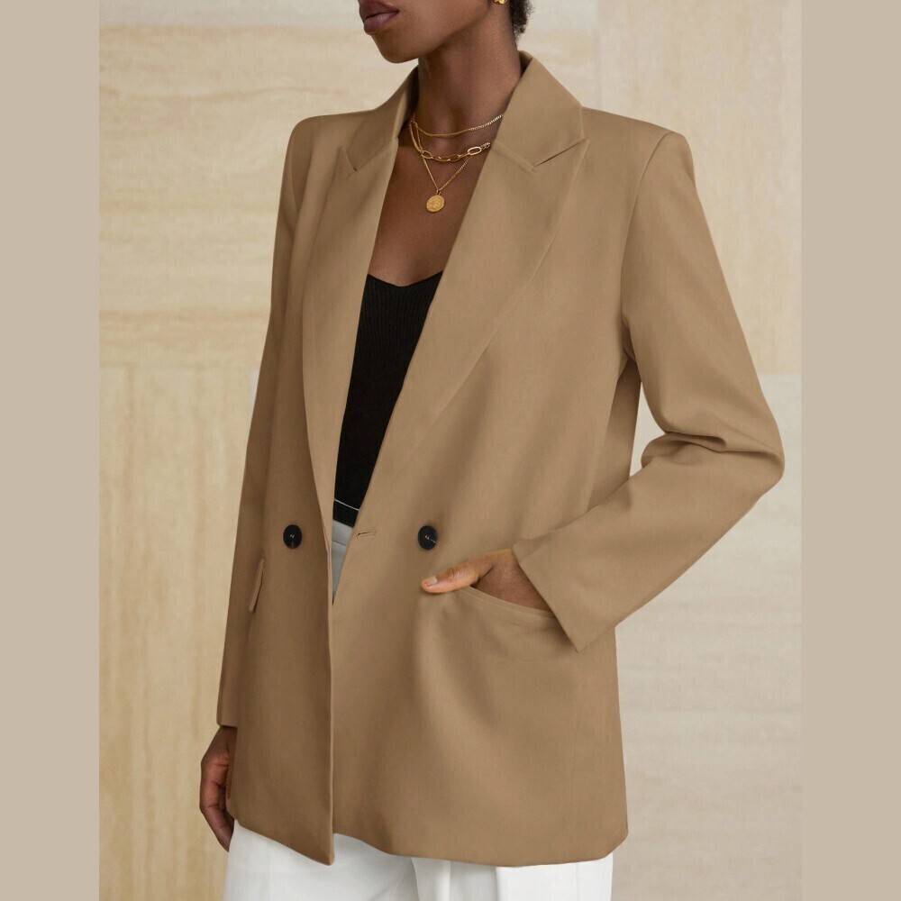 Tan Double Breasted Peak Lapel Longline Blazer with Flap Pockets